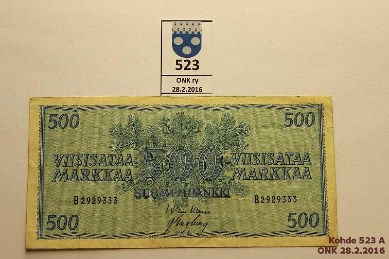 k-0523-a.jpg - Kohde 523, lhthinta: 10 € / myyntihinta: 11 € 500 mk 1956 SNY 192.1 B2929333 WAR-Eng, kellerv, reunarosoa, kunto: 3