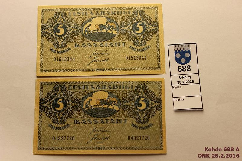 k-0688-a.jpg - Kohde 688, lhthinta: 30 € / myyntihinta: 42 € Eesti 5 mk (2) 1919 P#45 Ohut ja paksu paperi, kunto: 7, 5