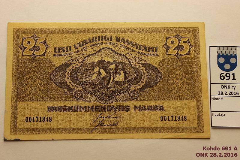 k-0691-a.jpg - Kohde 691, lhthinta: 40 € Eesti 25 mk 1919 P#47a Mustetahroja, kunto: 5