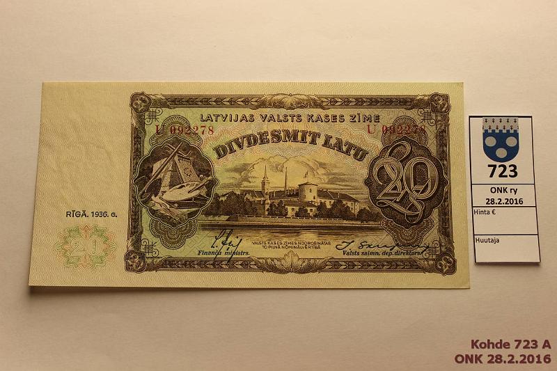 k-0723-a.jpg - Kohde 723, lhthinta: 180 € Latvia 20 latu 1936 P#30b Pieni kulmataite, muuten virheetn, kunto: 8