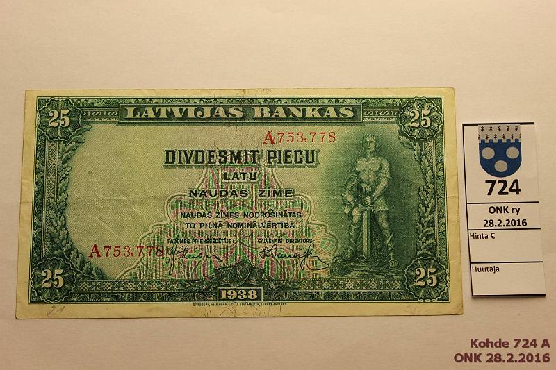 k-0724-a.jpg - Kohde 724, lhthinta: 20 € Latvia 25 latu 1938 P#21a Kmj, kunto: 5