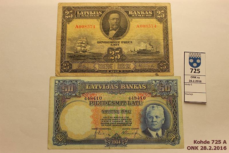 k-0725-a.jpg - Kohde 725, lhthinta: 35 € / myyntihinta: 42 € Latvia 25+50 latu 1928, 34 P#18, 20a Tahroja, prep, kunto: 3, 4