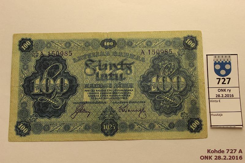 k-0727-a.jpg - Kohde 727, lhthinta: 250 € / myyntihinta: 250 € Latvia 100 latu 1925 P#14b Rep, kunto: 4