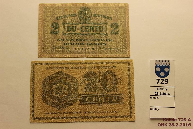 k-0729-a.jpg - Kohde 729, lhthinta: 15 € / myyntihinta: 21 € Liettua 2 c, 20 c 1922 P#8, 11 16.11.1922, vikoja, kunto: 2