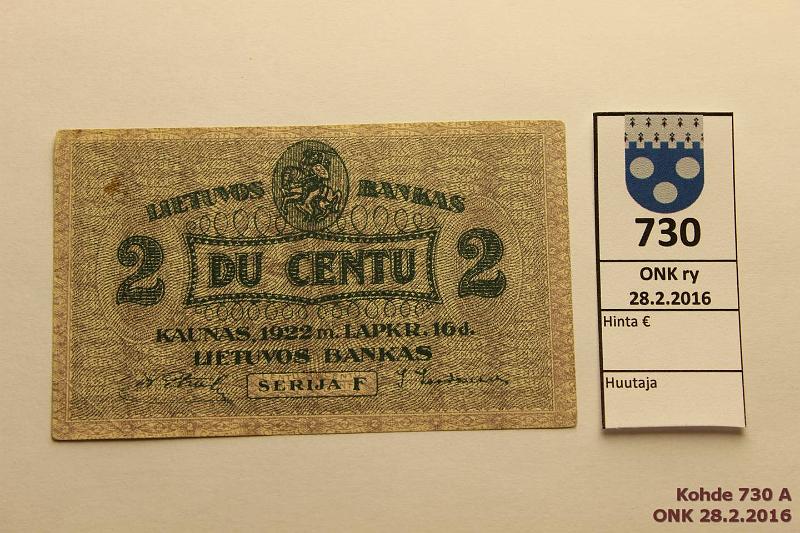 k-0730-a.jpg - Kohde 730, lhthinta: 25 € / myyntihinta: 44 € Liettua 2 centu 1922 P#8 Serija F 16.11.1922, kunto: 4