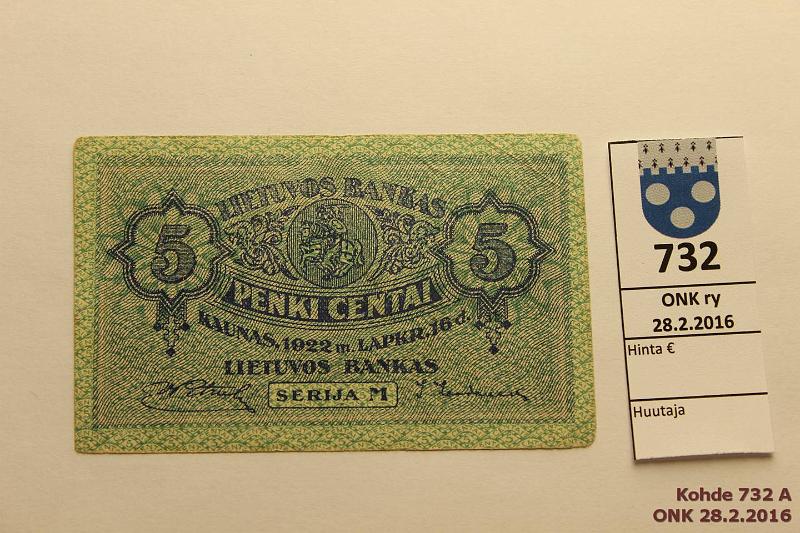 k-0732-a.jpg - Kohde 732, lhthinta: 25 € Liettua 5 centai 1922 P#9 Serija M 16.11.1922, kunto: 5