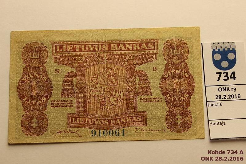 k-0734-a.jpg - Kohde 734, lhthinta: 60 € / myyntihinta: 90 € Liettua 1 litas 1919 P#13 Serija P 16.11.1922, rep, kunto: 4