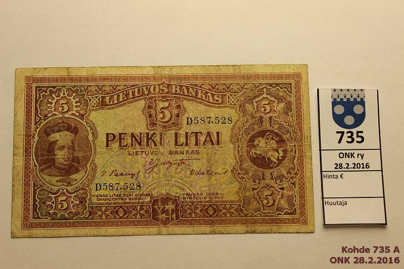 k-0735-a.jpg - Kohde 735, lhthinta: 60 € / myyntihinta: 60 € Liettua 5 litai 1922 P#26a 24.6.1919, tahroja, prep, kunto: 4