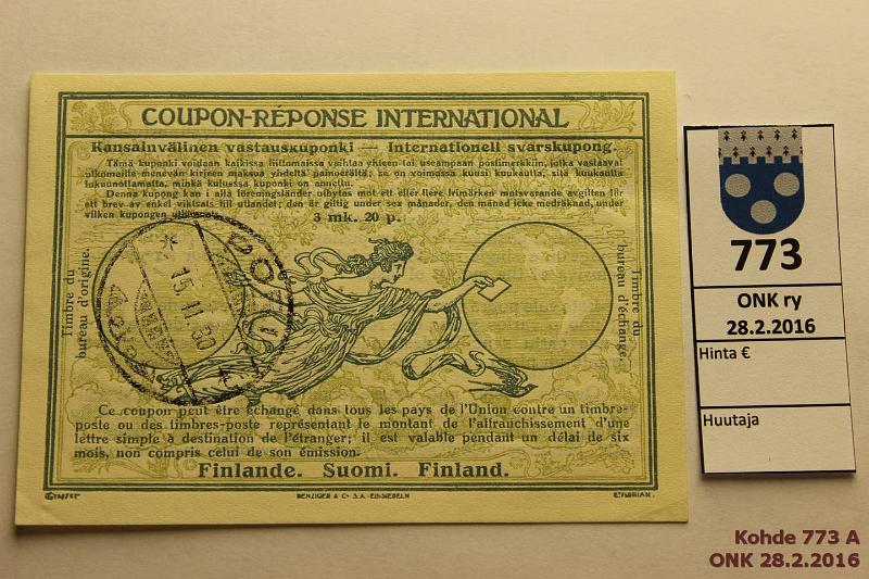 k-0773-a.jpg - Kohde 773, lhthinta: 50 € 3 mk 20 p. 1930 Kansainvlinen vastauskuponki / Coupon-response international, tekstit kuudella kielell, koristeellinen. Leimattu 15.II.30 Pori, kunto: 8