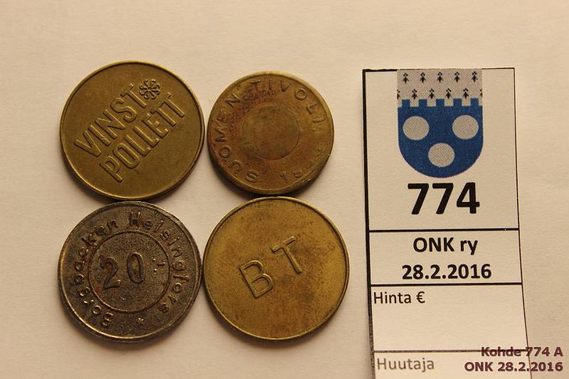 k-0774-a.jpg - Kohde 774, lhthinta: 5 € / myyntihinta: 5 € Poletit (4) Suomen Tivoli 1946(?), Linnanmki 20:-, Grna Lund, BT, kunto: 4-6