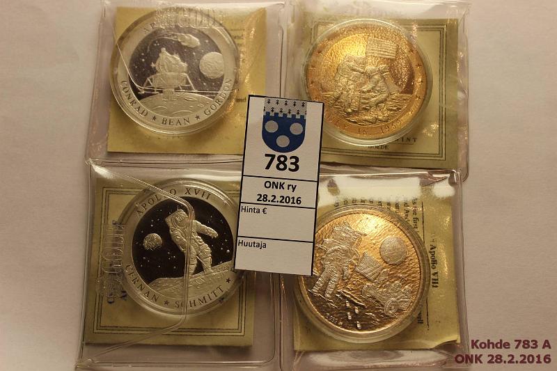 k-0783-a.jpg - Kohde 783, lhthinta: 25 € / myyntihinta: 33 € Apollo-mitalit 1999 (4) Ag, proof 80g/999. 4 kpl sarja Apollo-ohjelman kuuhun laskeutumisiin liittyvi mitaleja  20g. Kapseleissa, tod. Scandic Mint, kunto: 9-10