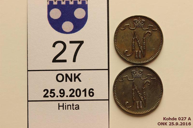 k-0027-a.jpg - Kohde 27 (kuva 1/2), lhthinta: 5 € / myyntihinta: 5 € 1 p 1903 (2) Tavallinen ja iso 3, tumma patina, kunto: 6, 6