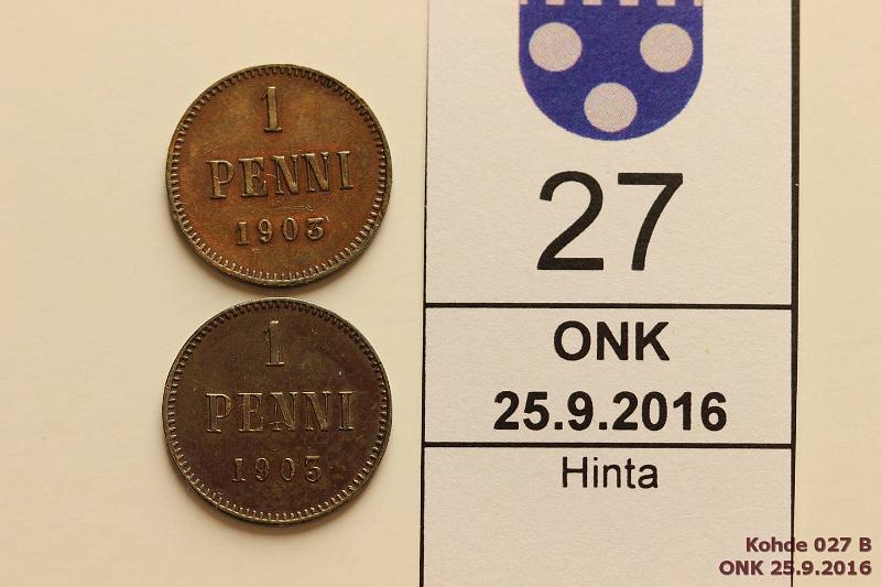 k-0027-b.jpg - Kohde 27 (kuva 2/2), lhthinta: 5 € / myyntihinta: 5 € 1 p 1903 (2) Tavallinen ja iso 3, tumma patina, kunto: 6, 6