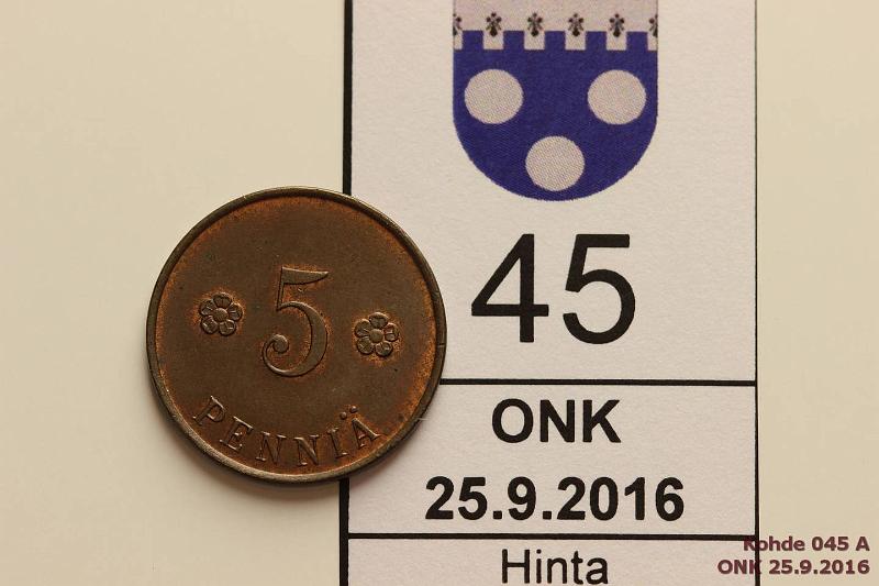 k-0045-a.jpg - Kohde 45 (kuva 1/2), lhthinta: 40 € / myyntihinta: 66 € 5 p 1918 KV I SNY 94.1, leimakiiltoa, haalea homelikk, kaunis!, kunto: 8/7