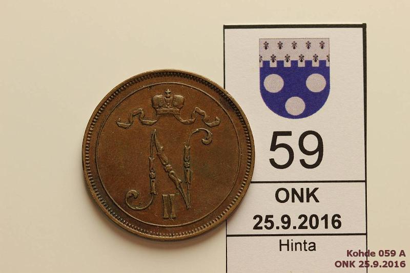 k-0059-a.jpg - Kohde 59 (kuva 1/2), lhthinta: 20 € 10 p 1909 Ep painaumia reunassa, siisti kokoelmakappale, kunto: 5