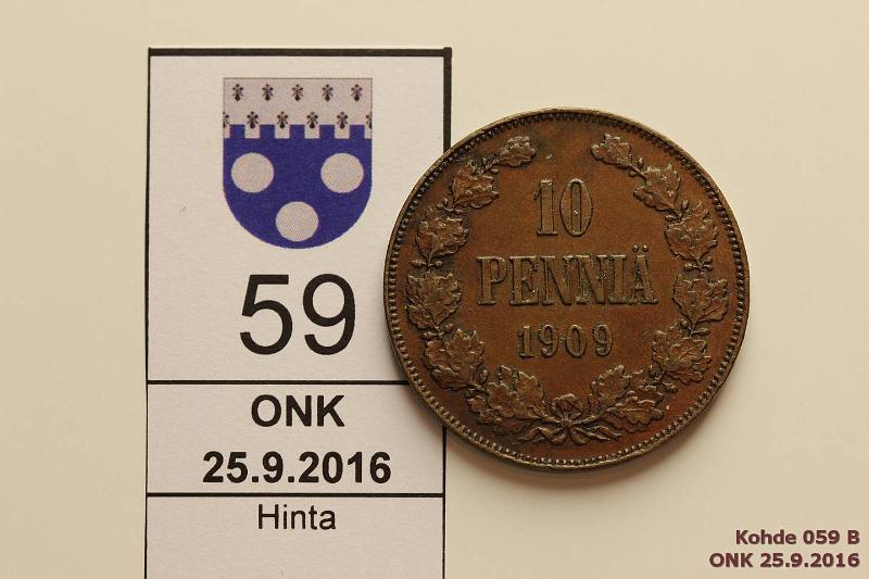 k-0059-b.jpg - Kohde 59 (kuva 2/2), lhthinta: 20 € 10 p 1909 Ep painaumia reunassa, siisti kokoelmakappale, kunto: 5