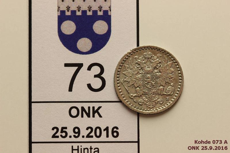 k-0073-a.jpg - Kohde 73 (kuva 1/2), lhthinta: 200 € / myyntihinta: 255 € 25 p 1869 Ag, SNY 269.1.1, vaakunapuolella eprv. Kaunis!, kunto: 7