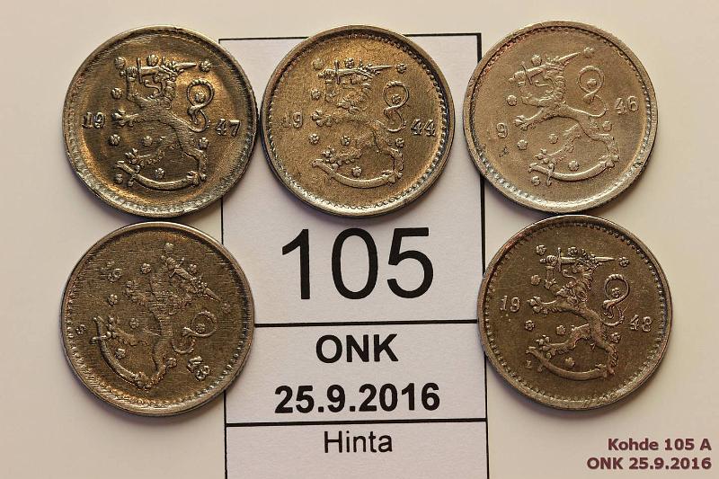 k-0105-a.jpg - Kohde 105, lhthinta: 20 € 50 p 1943-48 (5) Fe, 1943 mvja, -44, -46, -47 mvja, -48. Hyvkuntoinen ruosteeton er!, kunto: 7-8