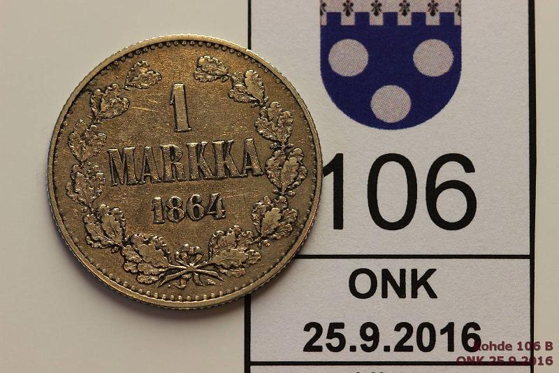 k-0106-b.jpg - Kohde 106 (kuva 2/2), lhthinta: 80 € / myyntihinta: 115 € 1 mk 1864 Ag, SNY 397.1, vanha rihlaus, vaakunapuolella hnja, lpuhd, kunto: 4