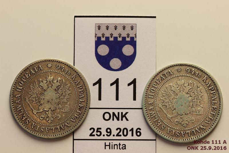 k-0111-a.jpg - Kohde 111 (kuva 1/2), lhthinta: 15 € / myyntihinta: 17 € 1 mk 1872 (2) Ag, SNY 402.1, kunto: 3, 3