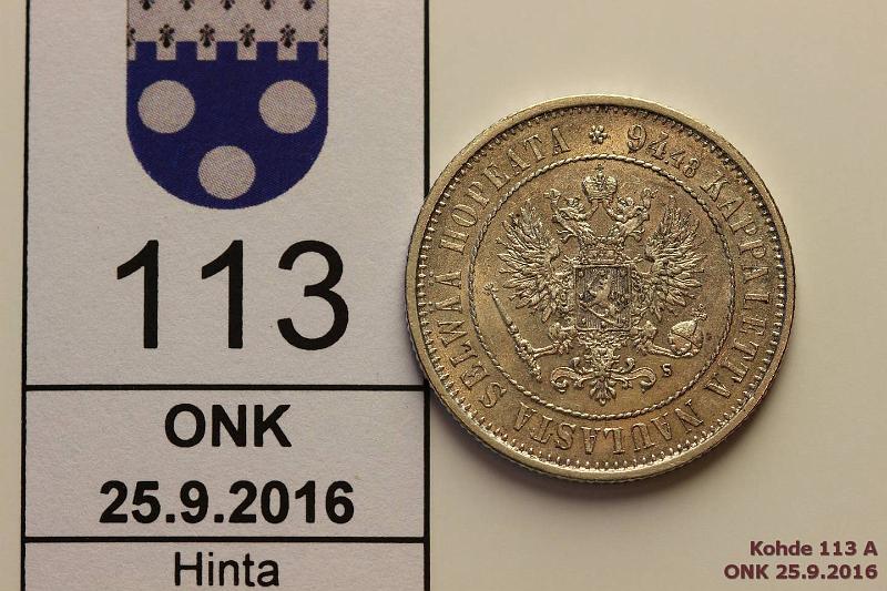 k-0113-a.jpg - Kohde 113 (kuva 1/2), lhthinta: 15 € / myyntihinta: 18 € 1 mk 1874 Ag, hnja, phpja, eprv, erittin kaunis!, kunto: 8