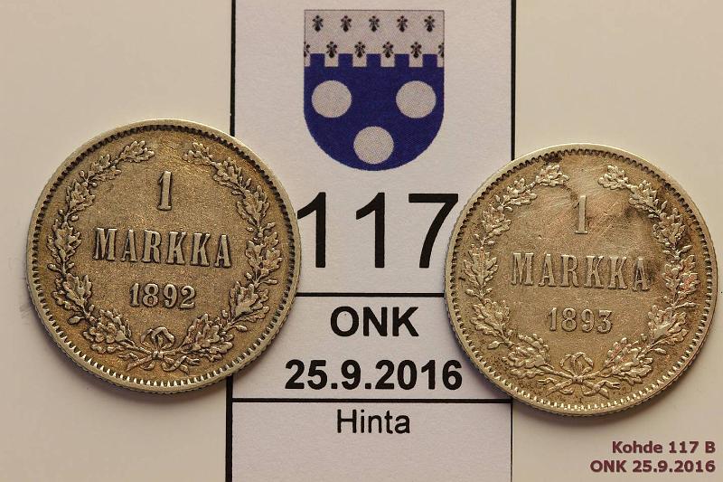 k-0117-b.jpg - Kohde 117 (kuva 2/2), lhthinta: 10 € / myyntihinta: 10 € 1 mk 1892, -93 Ag, 1893 elpuhd, hnja, kunto: 4, 5