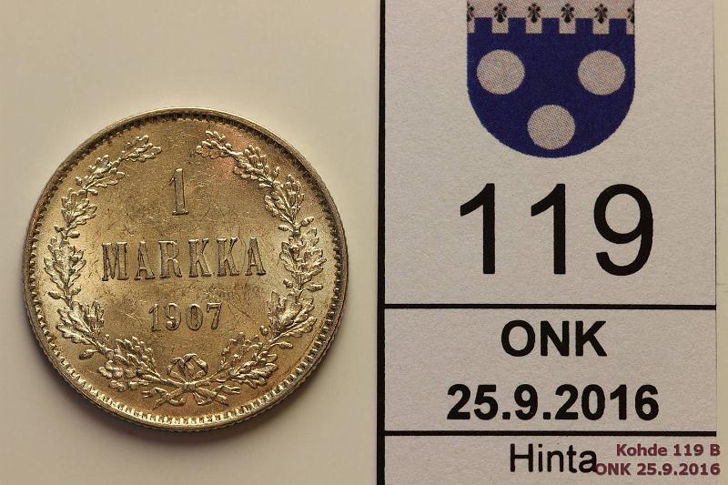 k-0119-b.jpg - Kohde 119 (kuva 2/2), lhthinta: 40 € / myyntihinta: 40 € 1 mk 1907 Ag, hnja, loistelias!, kunto: 9