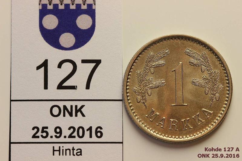 k-0127-a.jpg - Kohde 127 (kuva 1/2), lhthinta: 5 € / myyntihinta: 15 € 1 mk 1922 Loistelias!, kunto: 9