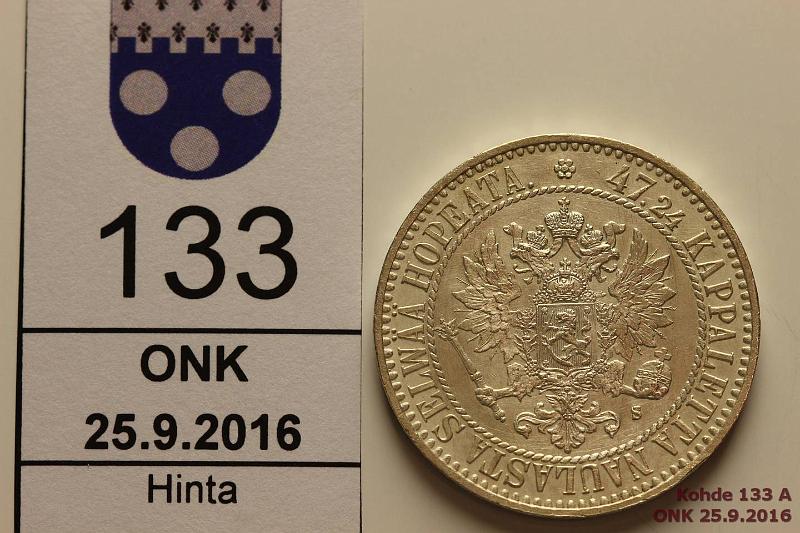 k-0133-a.jpg - Kohde 133 (kuva 1/2), lhthinta: 50 € / myyntihinta: 210 € 2 mk 1865 Ag, SNY 493.2, ei palloja, arvop. rv, erittin kaunis!, kunto: 8