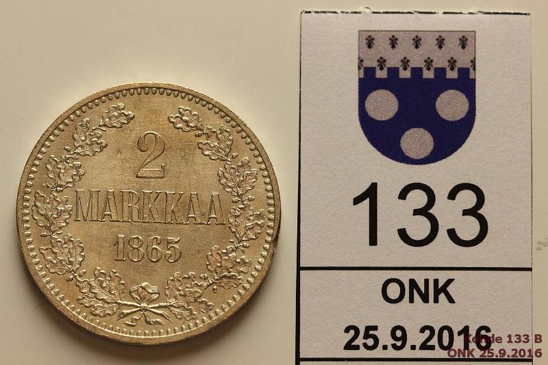 k-0133-b.jpg - Kohde 133 (kuva 2/2), lhthinta: 50 € / myyntihinta: 210 € 2 mk 1865 Ag, SNY 493.2, ei palloja, arvop. rv, erittin kaunis!, kunto: 8