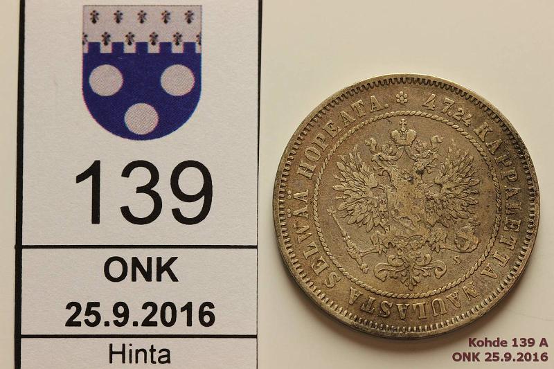 k-0139-a.jpg - Kohde 139 (kuva 1/2), lhthinta: 10 € / myyntihinta: 14 € 2 mk 1874 Ag, nja, prvja, puhd, kunto: 4