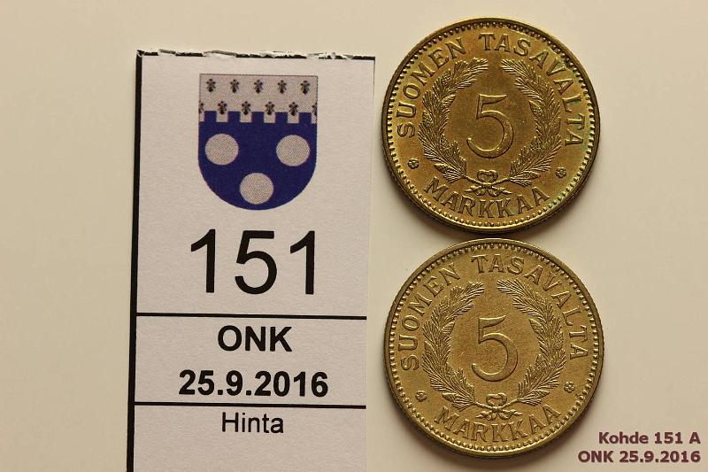 k-0151-a.jpg - Kohde 151 (kuva 1/2), lhthinta: 10 € 5 mk 1938, -41 Kauniit kansiokappaleet!, kunto: 7