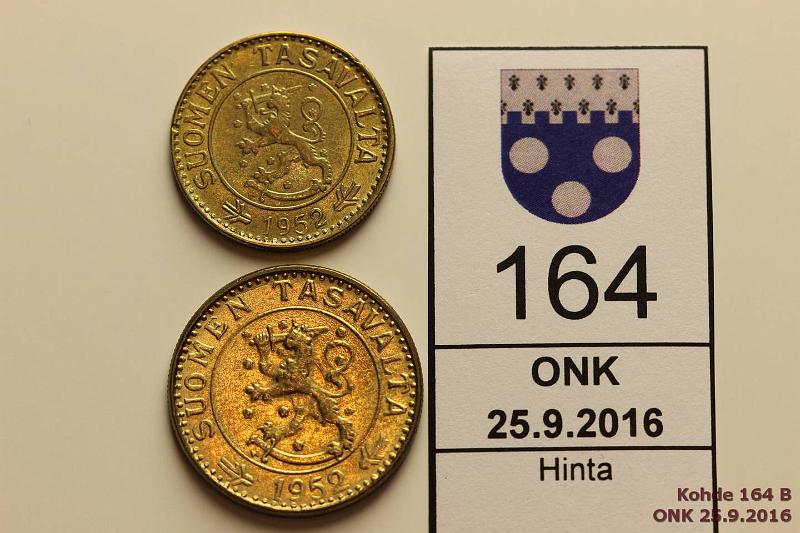 k-0164-b.jpg - Kohde 164 (kuva 2/2), lhthinta: 15 € / myyntihinta: 15 € 20 mk 1952 20+10 mk Leimakiiltoa, matala lynti, 10mk eprv, kunto: 7