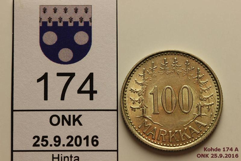 k-0174-a.jpg - Kohde 174 (kuva 1/2), lhthinta: 10 € / myyntihinta: 13 € 100 mk 1959 Ag, erittin kaunis!, kunto: 8