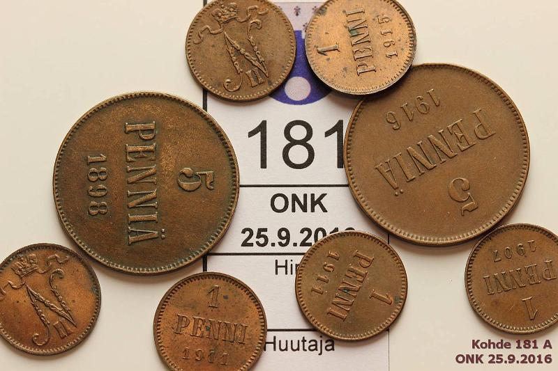 k-0181-a.jpg - Kohde 181, lhthinta: 5 € / myyntihinta: 5 € 1 - 5 p 1898-1916 (8) Cu, 1p1907, -11(2), -14(2); 5p 1898, 1916, kunto: 4-7