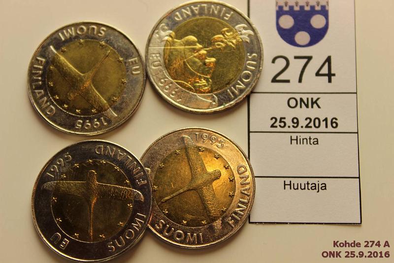 k-0274-a.jpg - Kohde 274, lhthinta: 5 € / myyntihinta: 10 € 10 mk 1995, -99 (4) CuNi, 10mk 1995 EU joutsen(3), 1999 EU liekinpuhaltaja, kunto: 8-9