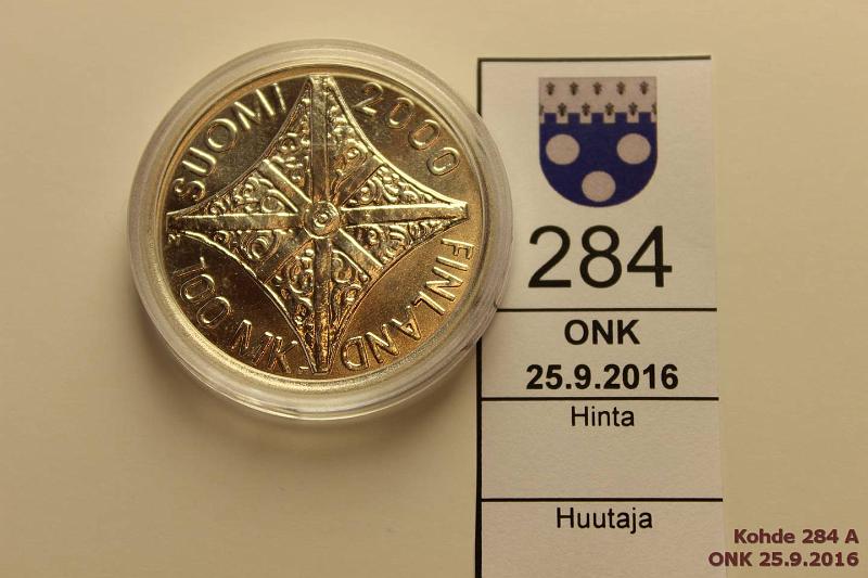 k-0284-a.jpg - Kohde 284, lhthinta: 60 € / myyntihinta: 72 € 100 mk 2000 Ag, BU, Riemuvuosi, kapseli, kunto: 9