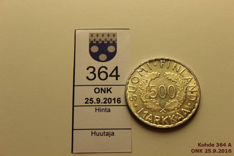 k-0364-a.jpg - Kohde 364 (kuva 1/2), lhthinta: 10 € / myyntihinta: 10 € Suomi 500 mk 1952 KM#35 Ag, nja, hpja, kunto: 6