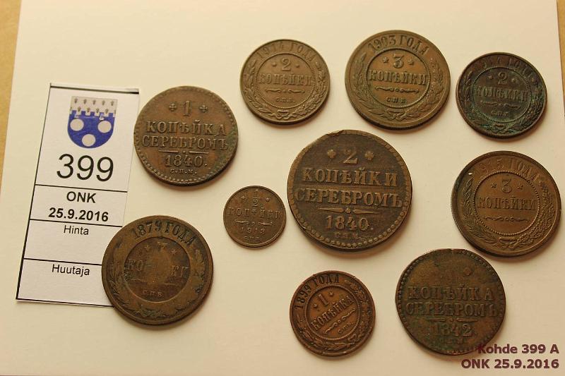 k-0399-a.jpg - Kohde 399, lhthinta: 5 € / myyntihinta: 12 € -3 kop (10) 1840-1915 Cu, k 1913; 1k 1840, -42, -99; 2k 1840, 1914(2); 3k 1879, 1903, -15, kunto: 1-5