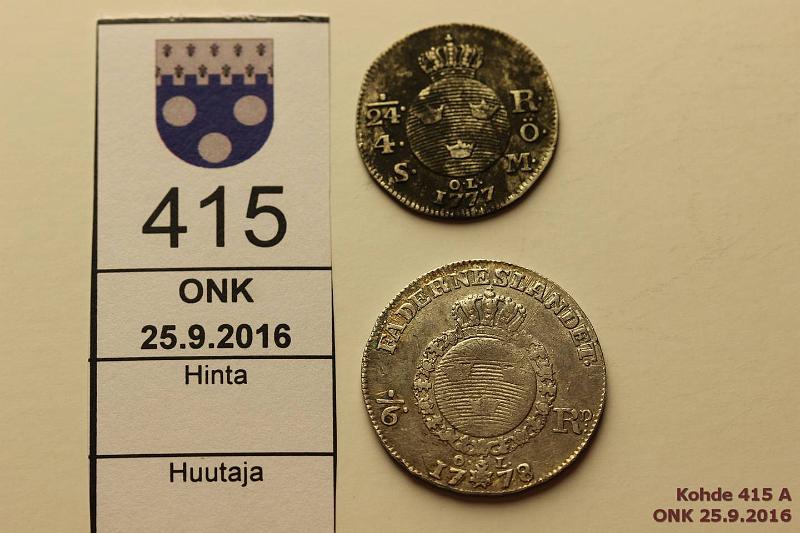 k-0415-a.jpg - Kohde 415, lhthinta: 10 € / myyntihinta: 14 € 1/24, 1/6 RD 1777-78 KM#519, 524 Ag, 1/24rd 1777 likaa; 1/6rd 1778, kunto: 3, 5