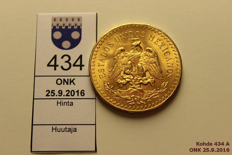 k-0434-a.jpg - Kohde 434 (kuva 1/2), lhthinta: 1100 € / myyntihinta: 1410 € Meksiko 50 pesos 1947 KM#841 Au, 41,6666g/900, kunto: 9