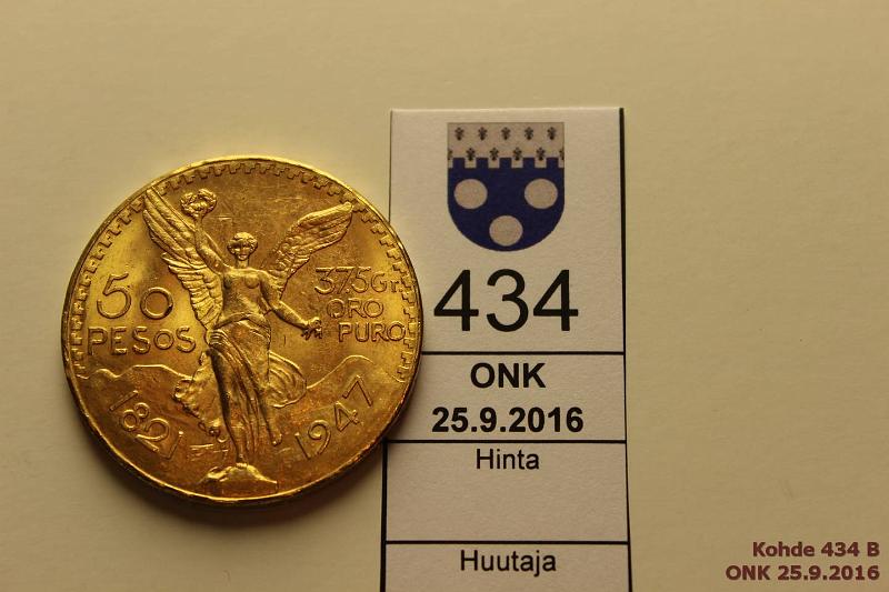 k-0434-b.jpg - Kohde 434 (kuva 2/2), lhthinta: 1100 € / myyntihinta: 1410 € Meksiko 50 pesos 1947 KM#841 Au, 41,6666g/900, kunto: 9