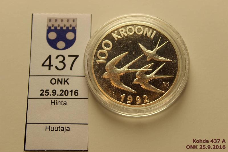 k-0437-a.jpg - Kohde 437, lhthinta: 10 € / myyntihinta: 10 € Eesti 100 kr 1992 KM#27 Ag, Prooflike, kapseli, kunto: 9