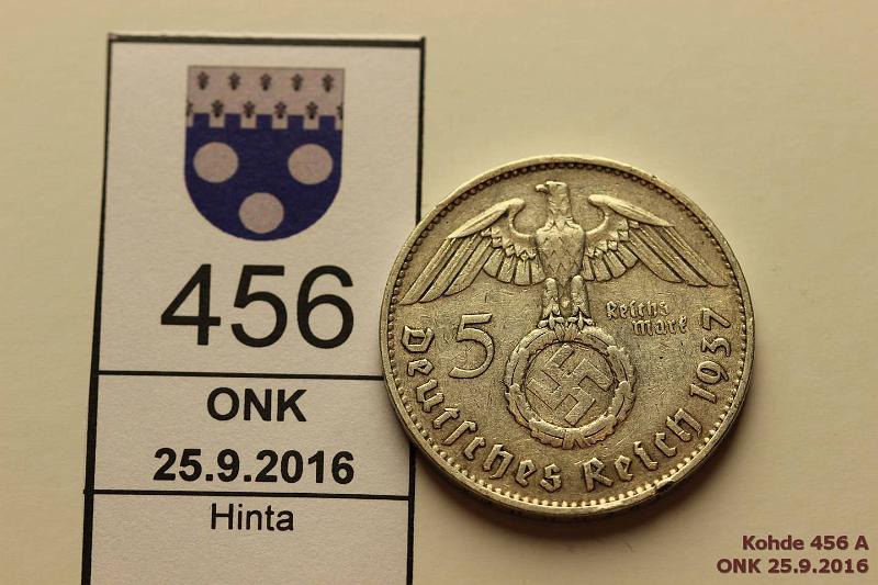 k-0456-a.jpg - Kohde 456, lhthinta: 5 € / myyntihinta: 9 € Saksa 5 mk 1937F KM#94 Ag, 13,88g/900, rvja, kunto: 5