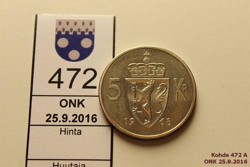 k-0472-a.jpg - Kohde 472, lhthinta: 5 € / myyntihinta: 5 € Norja 5 kr 1986 KM#412 Vaikea vuosi, kunto: 9