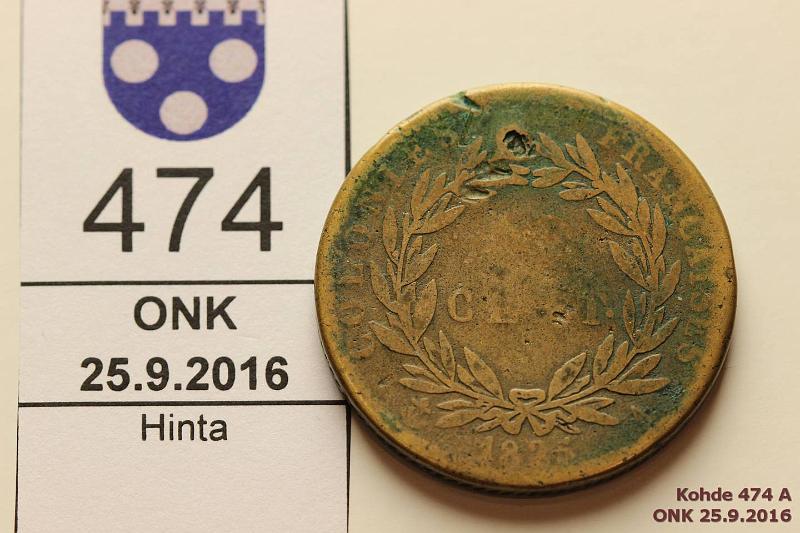 k-0474-a.jpg - Kohde 474, lhthinta: 5 € / myyntihinta: 5 € Ranska 10 c 1825A KM#11.1 Br, French colonies, ij, kunto: 2