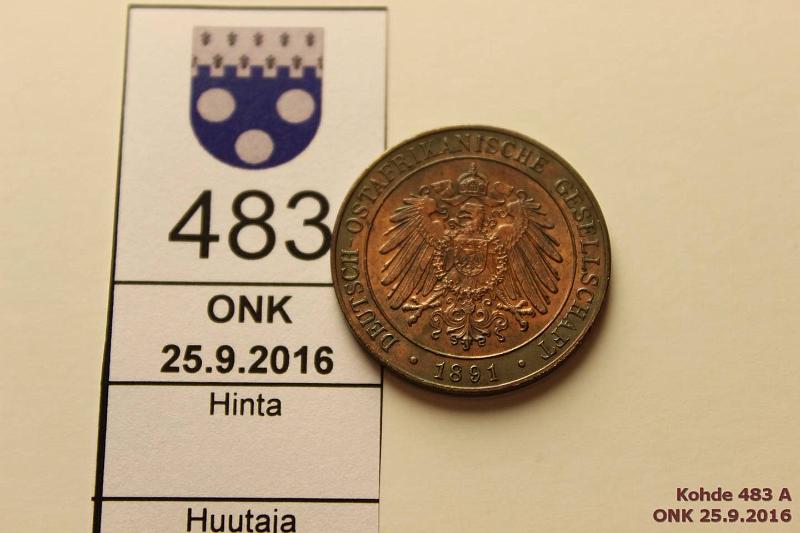 k-0483-a.jpg - Kohde 483, lhthinta: 10 € / myyntihinta: 17 € Saksan It-Afrikka 1 pesa 1891 KM#1 Cu, kaunis patina, kunto: 7/8