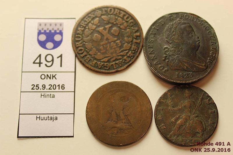 k-0491-a.jpg - Kohde 491, lhthinta: 5 € / myyntihinta: 8 € Eri maita (4) 1743-1861 Portugal 10 reis 1743(#227), 40r 1823(#370); GB p 1745(#579.1); Ranska 10c 1861k(#798.3), kunto: 2-5