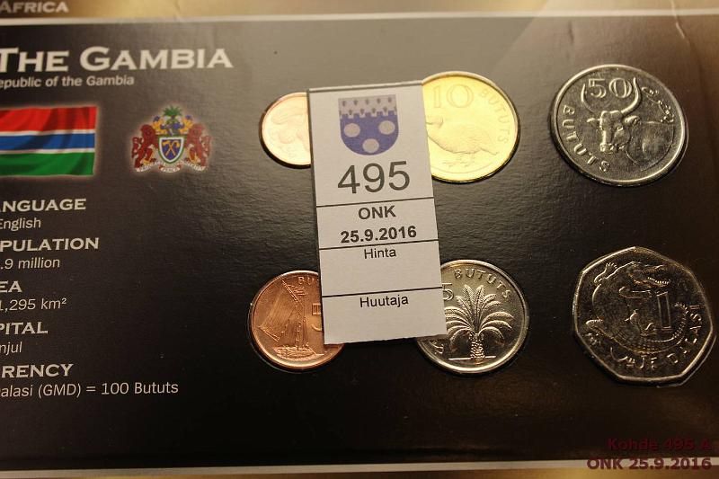 k-0495-a.jpg - Kohde 495, lhthinta: 5 € / myyntihinta: 10 € Gambia 1998-2014 (6) 1,5,10,25,50 bututs, 1 dalasi kortissa, kunto: 9