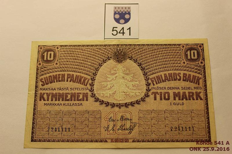 k-0541-a.jpg - Kohde 541, lhthinta: 15 € / myyntihinta: 64 € 10 mk 1909 SNY 141.1 7241111 COL-The, 2,5mm n:o, neulanreik, kunto: 5